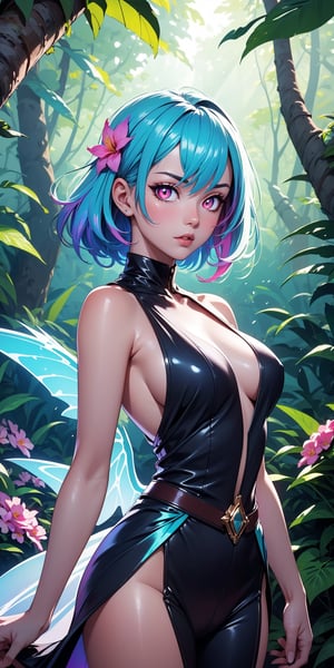 (masterpiece, best quality, extremely high resolution, aesthetic, 8K), cowboy shot from front, a beautiful cute elegant fae, she has fae wings, (she is in a colorful vibrant fantastical magical forrest:1.2), (glowing colorful magical flowers:1.3), (beautiful glowing eyes:1.2), looking at viewer, beautiful blue sky, godrays shining through the top trees, mystical lighting, backlit, (translucent, iridescent:1.3), vibrant Colors, rich colors,Colors