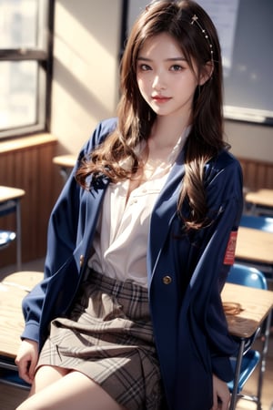 background is high school classroom,1 girl, 18 yo, beautiful girl, korean girl,sitting on chair,wearing school uniform(dark blue jacket and brown check pattern skirt),happy laugh,
solo, {beautiful and detailed eyes}, dark eyes, calm expression, delicate facial features, ((model pose)), Glamor body type, slim waist,(dark hair),long Bright wavy hair,very_long_hair, hair past hip,long straight hair,long ponytail,bangs,pale skin,detailed skin,hairpins, flim grain, realhands, masterpiece, Best Quality, 32k, high contrast,vivid color,photorealistic, ultra-detailed, finely detailed, high resolution, perfect dynamic composition, beautiful detailed eyes, sharp-focus, cowboy_shot, ,3D,GIRL,REAL