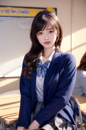 background is high school classroom,1 girl, 18 yo, beautiful girl, korean girl,sitting on chair,wearing school uniform(dark blue jacket and brown check pattern skirt),happy laugh,
solo, {beautiful and detailed eyes}, dark eyes, calm expression, delicate facial features, ((model pose)), Glamor body type, slim waist,(dark hair),long Bright wavy hair,very_long_hair, hair past hip,long straight hair,long ponytail,bangs,pale skin,detailed skin,hairpins, flim grain, realhands, masterpiece, Best Quality, 32k, high contrast,vivid color,photorealistic, ultra-detailed, finely detailed, high resolution, perfect dynamic composition, beautiful detailed eyes, sharp-focus, cowboy_shot, ,3D,GIRL,REAL,Real