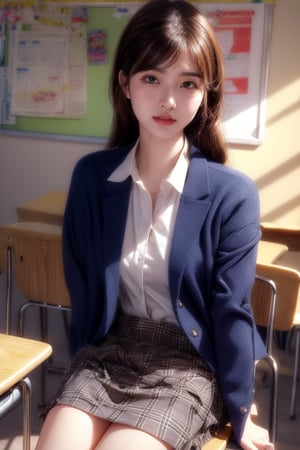 background is high school classroom,1 girl, 18 yo, beautiful girl, korean girl,sitting on chair,wearing school uniform(dark blue jacket and brown check pattern skirt),happy laugh,
solo, {beautiful and detailed eyes}, dark eyes, calm expression, delicate facial features, ((model pose)), Glamor body type, slim waist,(dark hair),long Bright wavy hair,very_long_hair, hair past hip,long straight hair,long ponytail,bangs,pale skin,detailed skin,hairpins, flim grain, realhands, masterpiece, Best Quality, 32k, high contrast,vivid color,photorealistic, ultra-detailed, finely detailed, high resolution, perfect dynamic composition, beautiful detailed eyes, sharp-focus, cowboy_shot, ,3D,GIRL,REAL,Real