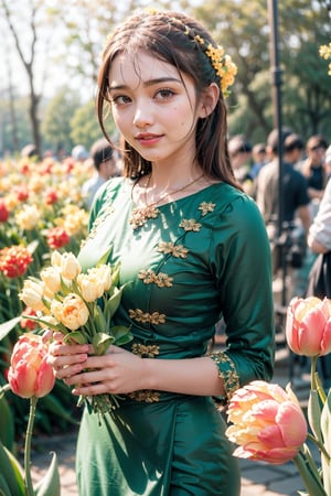 absurdres,  highres,  ultra detailed,  (teenage girl:1.3), smile , sunlight , lens flare reflection,lomography,  analog photography,  vibrant colors,  soft focus,  light leaks,  dreamy atmosphere,  experimental charm,  nostalgic appeal, looking into the viewer, tulips flower farm in bg, perfect fingers, (green dress)