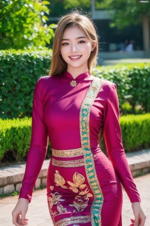 1girl, beautiful young woman, blonde, smiling, (in beautiful Myanmar national dress embroidery ornament black, red, green), sunny day, botanical garden, realistic, ,myanmar_dress