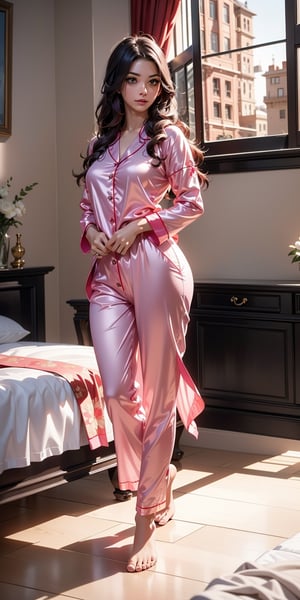 A beautiful woman with long, flowing hair strikes a sexy pose, showcasing her slim body.  She stands in a lavish, detailed bedroom with elegant furniture, silk curtains, and a plush bed adorned with decorative pillows, all captured in high quality and realistic detail.  perfect light and shadows, detailed textures, she is wearing Pink Striped Pajama Pants