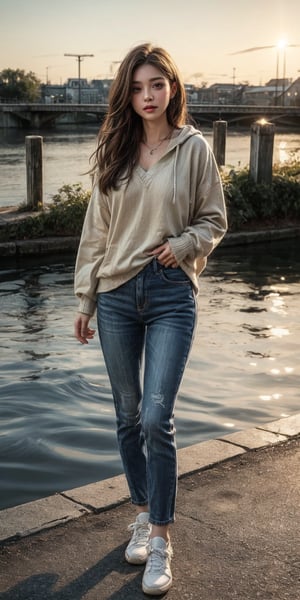 digital art style picture of a beautiful 25 year old woman with long flowing hair wearing a bright yellow hoodie and stylish jean pants, accessorized with a shimmering necklace and trendy shoes, standing gracefully on a bridge overlooking a serene river during a stunning sunset, vibrant colors in the sky reflecting perfectly on the water, intricate details of her clothing and the bridge structure, soft shadows and highlights enhancing the scene