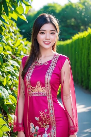 1girl, beautiful young woman, blonde, smiling, (in beautiful Myanmar national dress embroidery ornament black, red, green), sunny day, botanical garden, realistic, ,myanmar_dress