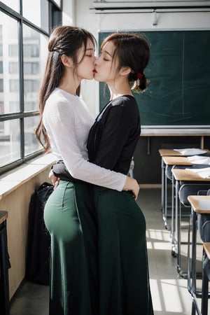 (RAW photo, best quality), (realistic, full body, photo-Realistic:1.1), best quality, masterpiece, ultra realistic illustration, siena natural ratio, (urban high school theme:1.1), (classroom background:1.2),  (2girls, (right girl is Korean beautiful girl, pale  skin, long hair), (left girl is white girl, pale skin, brown hair, freckles), (standing and kissing each other),  (( kiss each other )), lesbian kissing, lesbian intimacy, kissing, realistic, detail face, lips, lesbian, wearing acmmsayarma outfit,  acmmsayarma ((white top, long sleeves)), ((acmmsayarma dark green long skirt)),tribadism