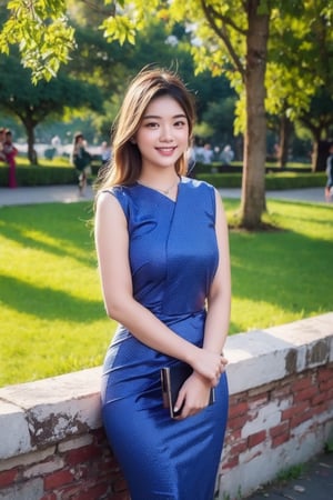 1girl, beautiful young woman, blonde, smiling, (in beautiful Myanmar national dress in blue color), sunny day, public park garden, realistic, ,myanmar_dress