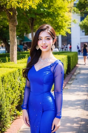 1girl, beautiful young woman, blonde, smiling, (in beautiful Myanmar national dress in blue color), sunny day, public park garden, realistic, ,myanmar_dress,  earrings,  necklace, 