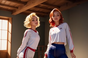 two girls, Marilyn Monroe's face(one with short blond hair, the other with long red hair) were standing in the Roof , Sportswear for fencers,soft light