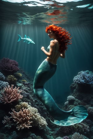 A beautiful mermaid with red hair and cyan tail and beautiful features is sitting on the reef at the bottom of the sea, surrounded by colorful drizzle and beautiful seaweed. 16:9 aspect ratio,studio light,free style