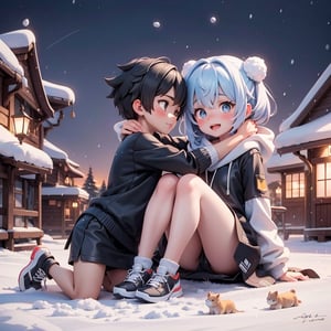 1Boy and 1Girl, 3d, art natural gently mountain , creating a magical city scene that celebrates the artistry  stand hug together , heavy snow ,night,winter  background,masterpiece,best quality,8K,pencil skirt,official art,ultra high res,1girl  and 1boy,1girl wearing winter clothes  11 years old is hugging 1 boy wearing black Tshirt 12 years old,face to face,,elder brother and sister,the girl's shoes leave ground,legs cirle boy's neck.the boy stand up,