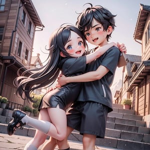 1Boy and 1Girl, 3d, art natural gently mountain , creating a magical city scene that celebrates the artistry  stand hug together , sun light background,masterpiece,best quality,8K,pencil skirt,official art,ultra high res,1girl  and 1boy,1girl wearing winter clothes  11 years old is hugging 1 boy wearing black Tshirt 12 years old,face to face,,elder brother and sister,the girl's shoes leave ground,legs cirle boy's neck.the boy stand up,