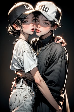 1boy and 1girll,the boy is hugging up the girl,the boy is kissing the girl,the boy is wearing  a black baseball cap,11 years old,music boy,clever,1girl,11 years old,the girl is no cao,the boy is  13 years old,full body,face to face,brust,the boy's  tongue is  sticking out into the girl's mouth,