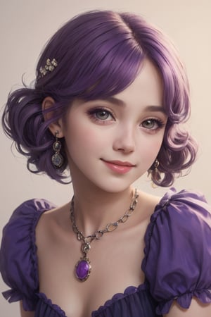 a cute little girl with big eyes, a pretty happy face, look at the camera, purple hairs, graceful flutter, hyperdetailed, minimalism, dynamic pose, cinematic light, hopeful, close-up,bust portrait, 