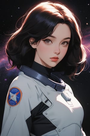 woman in a space suit| character portrait| space art| retro-futuristic armor| high detailed official artwork| her hair is the milky way| fantastic screenshot art| hyperrealism| dynamic lighting