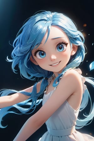 a cute little girl with big eyes, look at the camera, blue hairs, graceful flutter, hyperdetailed, minimalism, dynamic pose, cinematic light, hopeful, smiling,