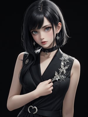 a pretty girl with black shot hair, look at the camera, character portrait, black suit, dark background, high detail, a hand cast down