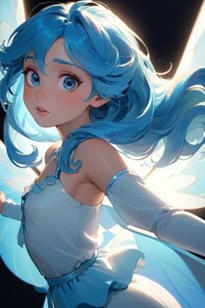 a cute little girl with big eyes, close-up, look at the camera, blue hairs, graceful flutter, hyperdetailed, minimalism, dynamic pose, cinematic light, hopeful, mucha art style
