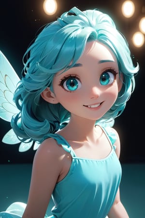 a cute little girl with big eyes, look at the camera, tiffany blue  hairs, graceful flutter, hyperdetailed, minimalism, dynamic pose, cinematic light, hopeful, smiling,