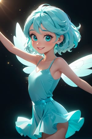 a cute little girl with big eyes, look at the camera, tiffany blue  hairs, graceful flutter, hyperdetailed, minimalism, dynamic pose, cinematic light, hopeful, smiling, dancing