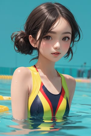 fashion illustration, flat, Olympic games, green background, gradual change, a cute girl
 is swimming, pretty face,  dynamic pose, upper body, look at the camera, wading