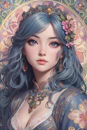 a cute little girl with big eyes, close-up,face on the camera, blue hairs,   hyperdetailed, minimalism, dynamic pose, cinematic light, hopeful, mucha art style,YAMATO,girl,downblouse,dragonbaby,Grt2c