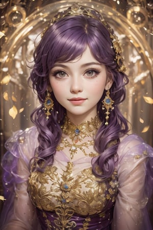 a cute little girl with big eyes, a pretty happy face, look at the camera, purple hairs, graceful flutter, hyperdetailed, minimalism, dynamic pose, cinematic light, hopeful, close-up,bust portrait, 