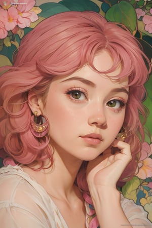 a cute little girl with big eyes, close-up,front view, face on the camera, pink hairs,   hyperdetailed, minimalism, dynamic pose, cinematic light, hopeful, mucha art style,YAMATO,girl