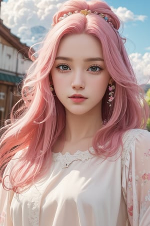 A beautiful girl with long pink hair  wears a white blouse. Her gaze is directed at the camera, capturing the scene of her self-portrait. The background features clouds, and colorful petals scatter around her, character portrait,detail face,art nouveau,girl