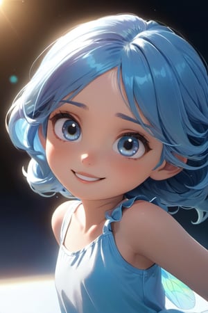 a cute little girl with big eyes, close-up, look at the camera, blue hairs, graceful flutter, hyperdetailed, minimalism, dynamic pose, cinematic light, hopeful, smiling