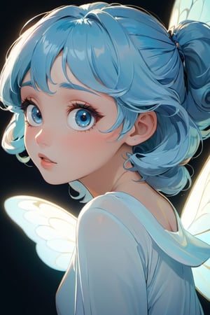 a cute little girl with big eyes, close-up, look at the camera, blue hairs, graceful flutter, hyperdetailed, minimalism, dynamic pose, cinematic light, hopeful, mucha art style