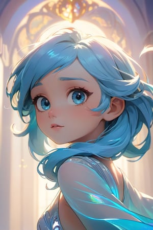 a cute little girl with big eyes, close-up, look at the camera, blue hairs, graceful flutter, hyperdetailed, minimalism, dynamic pose, cinematic light, hopeful, mucha art style