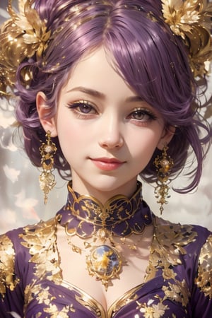 a cute little girl with big eyes, a pretty happy face, look at the camera, purple hairs, graceful flutter, hyperdetailed, minimalism, dynamic pose, cinematic light, hopeful, close-up,bust portrait, 