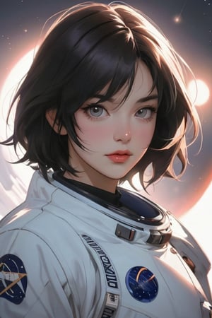 woman in a space suit| character portrait| space art| retro-futuristic armor| high detailed official artwork| her hair is the milky way| fantastic screenshot art| hyperrealism| dynamic lighting