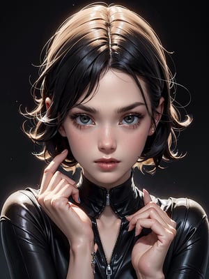 a pretty girl with black short hair, look at the camera, character portrait, black clothes, dark background, high detail, one hand touch her face, oil painting