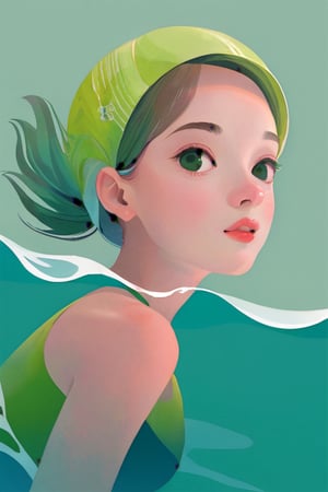 fashion illustration, flat, Olympic games, green background, gradual change, a girl is swimming, pretty face, swimming pose,  dynamic pose,  upper body,side view, look at the camera, Flat vector art, 