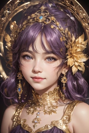 a cute little girl with big eyes, a pretty happy face, look at the camera, purple hairs, graceful flutter, hyperdetailed, minimalism, dynamic pose, cinematic light, hopeful, close-up,bust portrait, 