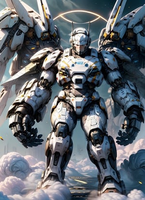 epic scene of a boy on mecha suit with heavy weapon, corpulent complex mecha, dynamic pose, 