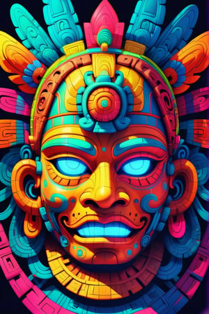 mayan mask, Highly detailed illustration, bright neon Fluorescent psychedelic colors, High dynamic range illumination.