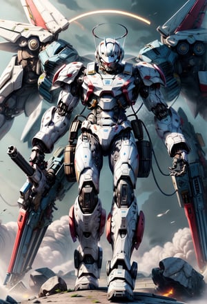 epic scene of a boy on mecha suit with heavy weapon, 