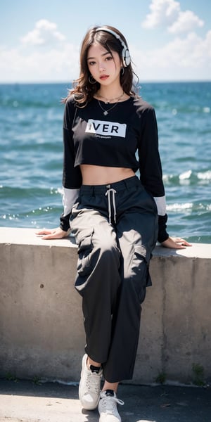 French girl,grey blonde hair(very long hair, curly_hair),hiphop dancer,wearing all black clothes (loose fit top and wide cargo pants),sneakers,headphone, sitting at sea bank,horizon,seaside,accessories(necklace,ear_rings),Best Quality, 32k, photorealistic, ultra-detailed, finely detailed, high resolution, perfect dynamic composition, beautiful detailed eyes, sharp-focus, cowboy_shot, ,1girl

overboob
