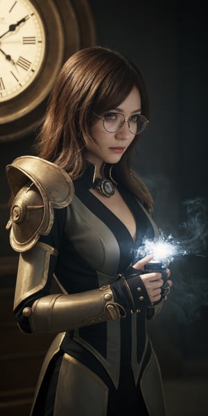 (Best Quality, highly detailed, Masterpiece:1.2), 16k, depth of field, Scenes with high tension, camera movement, anime Characters, dim lighting, Depth of field, details skin Texture, clothes Normal, grey tone, steampunk style, extreme closeup, woman, Scholars, mecha rabbit ears,  glasses, mecha armor on the arm, shoulder armor, Rusty, white blouse, ascot, Jodhpurs, Nobles clothes, giant clock background, Precision clock, Hollow out clock, glass, Clock Tower, Industrial era, smoke spark, dust, glowing effect, (Fantasy aesthetic style), (realistic light and shadow), (real and delicate background),mecha