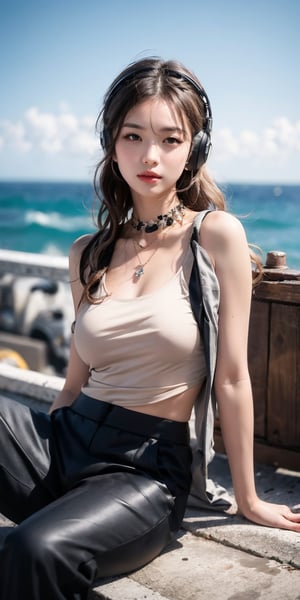 French girl,grey blonde hair(very long hair, curly_hair),hiphop dancer,wearing all black clothes (loose fit top and wide cargo pants),sneakers,headphone, sitting at sea bank,horizon,seaside,accessories(necklace,ear_rings),Best Quality, 32k, photorealistic, ultra-detailed, finely detailed, high resolution, perfect dynamic composition, beautiful detailed eyes, sharp-focus, cowboy_shot, ,1girl