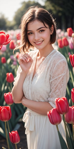 absurdres,  highres,  ultra detailed,  (1girl:1.3), smile , sunlight , lens flare reflection,lomography,  analog photography,  vibrant colors,  soft focus,  light leaks,  dreamy atmosphere,  experimental charm,  nostalgic appeal, looking into the viewer, tulips flower farm in bg, holding 1 tulip flower in right hand, perfect fingers,