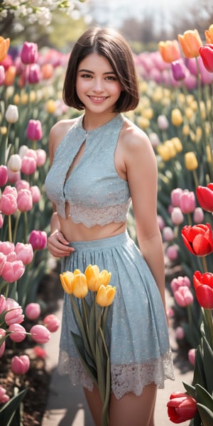 absurdres,  highres,  ultra detailed,  (1girl:1.3), smile , sunlight , lens flare reflection,lomography,  analog photography,  vibrant colors,  soft focus,  light leaks,  dreamy atmosphere,  experimental charm,  nostalgic appeal, looking into the viewer, tulips flower farm in bg, holding 1 tulip flower in right hand, perfect fingers,