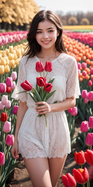 absurdres,  highres,  ultra detailed,  (1girl:1.3), smile , sunlight , lens flare reflection,lomography,  analog photography,  vibrant colors,  soft focus,  light leaks,  dreamy atmosphere,  experimental charm,  nostalgic appeal, looking into the viewer, tulips flower farm in bg, holding 1 tulip flower in right hand, perfect fingers,

see-through clothes, 