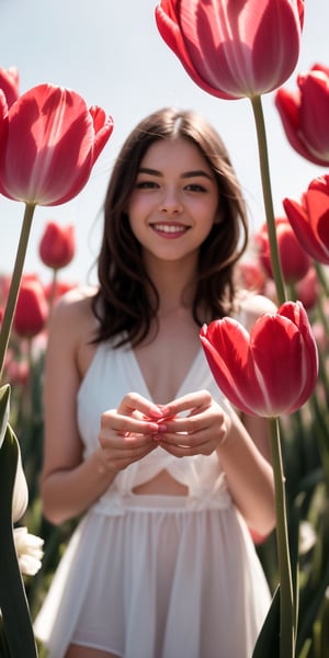 absurdres,  highres,  ultra detailed,  (1girl:1.3), smile , sunlight , lens flare reflection,lomography,  analog photography,  vibrant colors,  soft focus,  light leaks,  dreamy atmosphere,  experimental charm,  nostalgic appeal, looking into the viewer, tulips flower farm in bg, holding 1 tulip flower in right hand, perfect fingers,