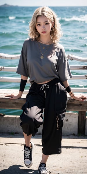 French girl,grey blonde hair(very long hair, curly_hair),hiphop dancer,wearing all black clothes (loose fit top and wide cargo pants),sneakers,headphone, sitting at sea bank,horizon,seaside,accessories(necklace,ear_rings),Best Quality, 32k, photorealistic, ultra-detailed, finely detailed, high resolution, perfect dynamic composition, beautiful detailed eyes, sharp-focus, cowboy_shot, ,1girl

overboob
