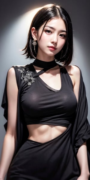4k,best quality,masterpiece,20yo 1girl,(traditional Korean costume, alluring smile, head ornaments 

(Beautiful and detailed eyes),
Detailed face, detailed eyes, double eyelids ,thin face, real hands, muscular fit body, semi visible abs, ((short hair with long locks:1.2)), black hair, black background,


real person, color splash style photo,
