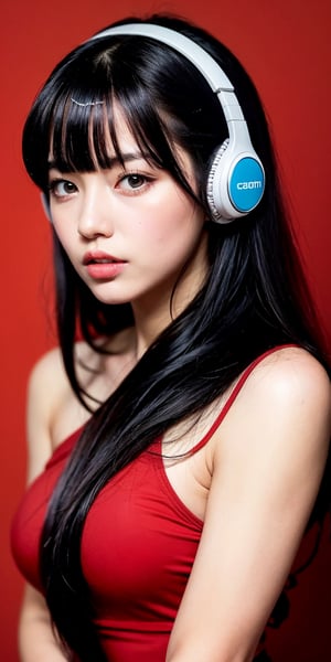 1girl, solo, long hair, looking at viewer, bangs, short black hair, hair ornament, closed mouth, upper body, hair flower, sexy hiphop clothes, red background, black eyes, lips, sash, realistic, wearing headphones